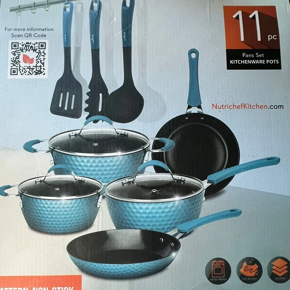 NutriChef 11pc Cookware Set Blue Diamond Ceramic Nonstick NCCW11BD Brand New